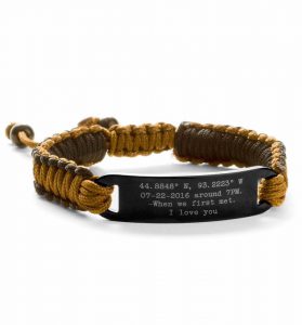 brown macrame custom engraved coordinate bracelet