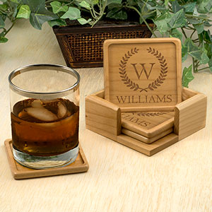 holiday wreath custom engraved coaster set