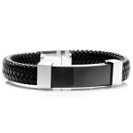 mens braided leather steel engraved bracelets